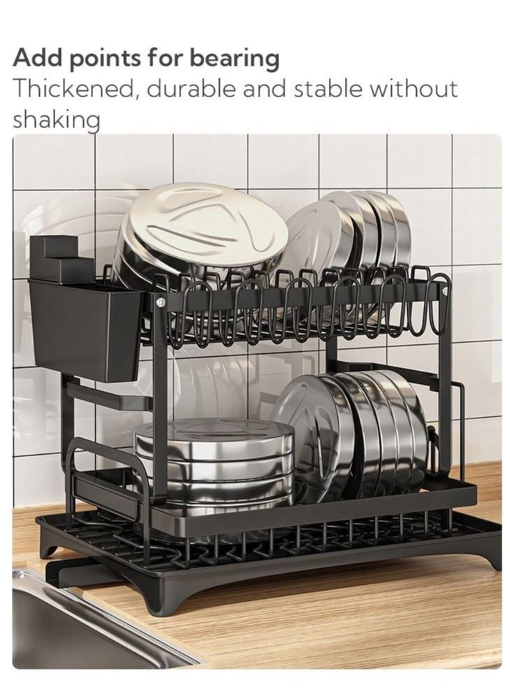 LA' PRECIOUS - 2 Tier Foldable Dish Drying Rack with Utensil Holder and Cutting Board Holder and Drainboard Tray - Rotatable Drainage System Scratch Resistant Frosted Baking Process Coatings - Large Black - Image 1