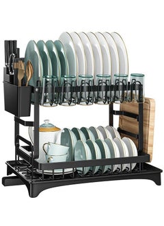 2 Tier Foldable Dish Drying Rack with Utensil Holder and Cutting Board Holder and Drainboard Tray - Rotatable Drainage System Scratch Resistant Frosted Baking Process Coatings - Large Black