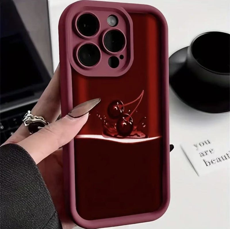 Apple iPhone 14 Pro Max Phone Case, TPU Shockproof, Stylish and Creative Wine Red Color Block Cherry Drop-Proof Soft Case - Image 1