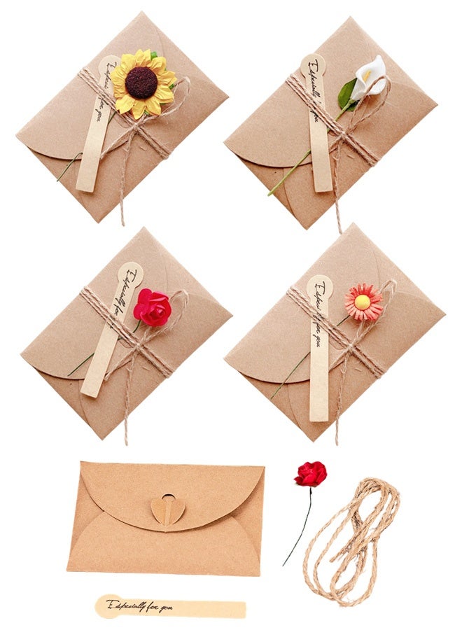4 Packs Dried Flowers Greeting Card with Envelopes, Brown Retro Kraft Holiday Gift Card, DIY Invitation Wish Card Note Card Thank You Card for Birthday Christmas - Image 1