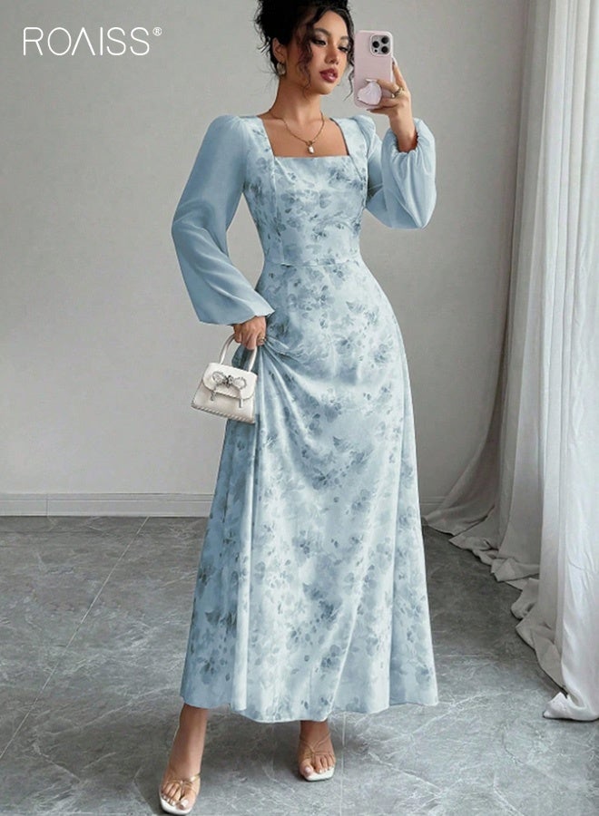 رويس فستان شيفون أنيق بأكمام طويلة مزين بنقوش زهور، بياقة مربعة وتنورة واسعة من الأسفل، تصميم أنيق ومريح وناعم وجيد التهوية، مناسب للارتداء اليومي والحفلات، باللون الأزرق. - Image 3