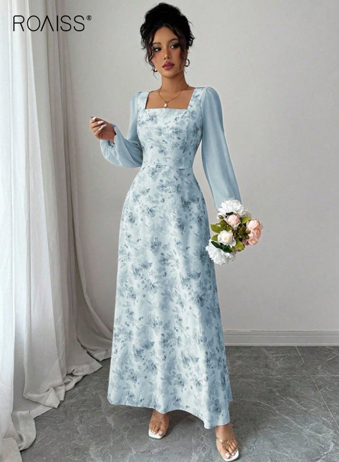 رويس فستان شيفون أنيق بأكمام طويلة مزين بنقوش زهور، بياقة مربعة وتنورة واسعة من الأسفل، تصميم أنيق ومريح وناعم وجيد التهوية، مناسب للارتداء اليومي والحفلات، باللون الأزرق. - Image 1