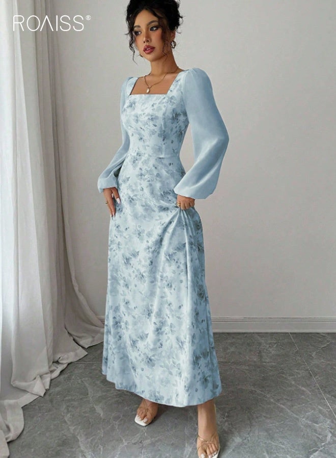 رويس فستان شيفون أنيق بأكمام طويلة مزين بنقوش زهور، بياقة مربعة وتنورة واسعة من الأسفل، تصميم أنيق ومريح وناعم وجيد التهوية، مناسب للارتداء اليومي والحفلات، باللون الأزرق. - Image 4