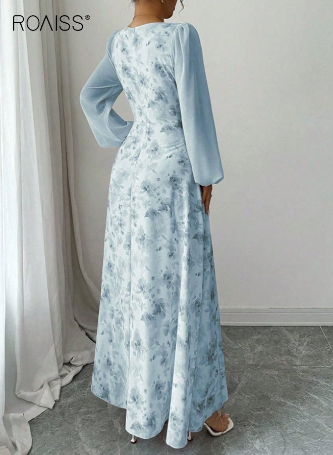 رويس فستان شيفون أنيق بأكمام طويلة مزين بنقوش زهور، بياقة مربعة وتنورة واسعة من الأسفل، تصميم أنيق ومريح وناعم وجيد التهوية، مناسب للارتداء اليومي والحفلات، باللون الأزرق. - Image 2