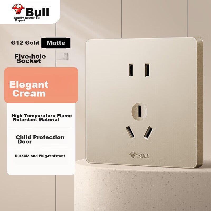 BULL Switch Socket G12 Series, 10A Five-Hole Socket, Cream Style 86-Type Panel, G12Z223S, Starry Gold - Image 1