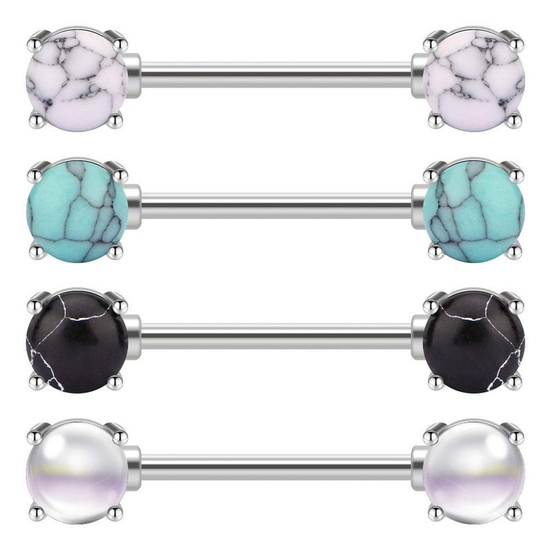 JFORYOU 14G 316L Surgical Steel Nipple Rings Barbell Nipple Bar Piercing Jewelry for Women Double Front Facing Gem Synthesis Marble Stone 16mm - Image 1
