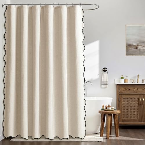 MIULEE 84 Long Scalloped Shower Curtain Linen Textured with 12 Metal Hooks Cute Extra Long Heavy Duty Washable Waterproof Cloth Shower Curtains with Black Border for Bathroom BathtubCream Beige - Image 3
