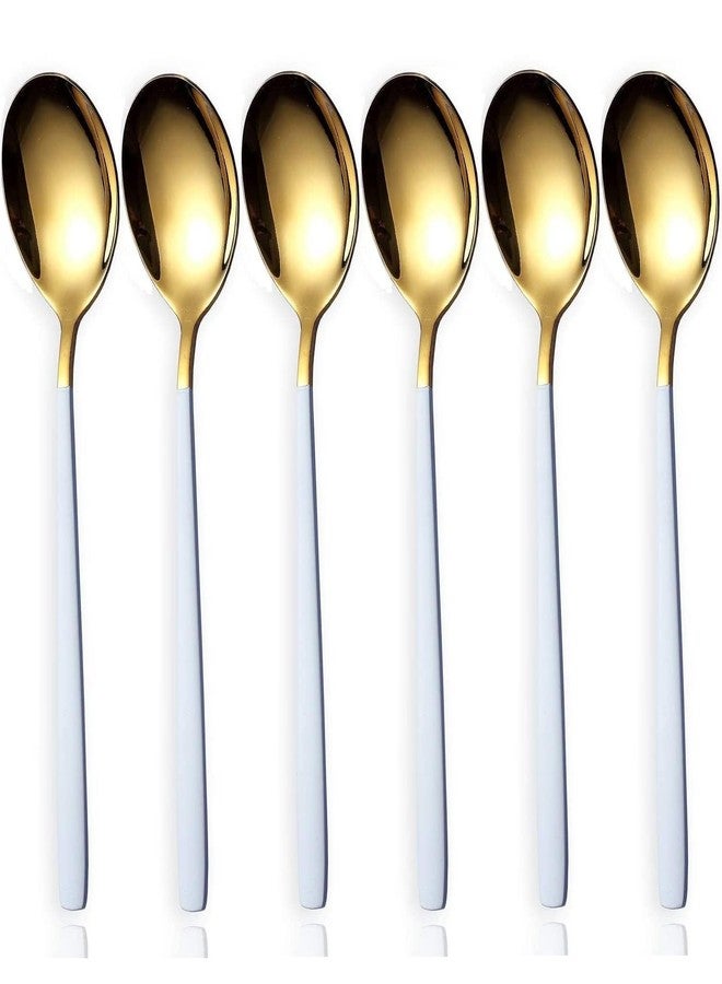 KESESU Spoons, Stainless Steel Long-Handled Spoon,Gold Small Round Spoon,Household Tableware Set,Dessert Spoon,for Cafe Restaurant (White-Gold 8.20 Inch, 6) - Image 1