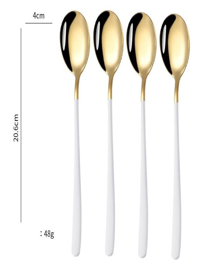 KESESU Spoons, Stainless Steel Long-Handled Spoon,Gold Small Round Spoon,Household Tableware Set,Dessert Spoon,for Cafe Restaurant (White-Gold 8.20 Inch, 6) - Image 2