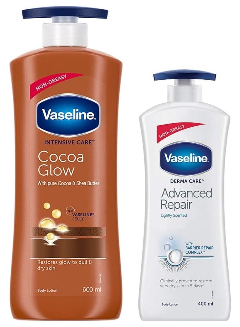 Vaseline Intensive Care 24 hr nourishing Cocoa Glow Body Lotion with Cocoa And Shea Butter- 600 ml & Vaseline Derma Care Advanced Repair Body Lotion, 400 ml - Image 1