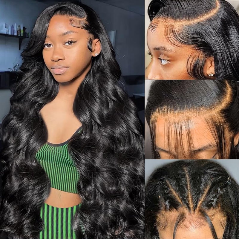 Wingirl 13x6 Body Wave Lace Front Wigs Human Hair Pre Plucked 180 Density HD Transparent Full Lace Frontal Wigs Human Hair for Women Natural Black Color 24Inch