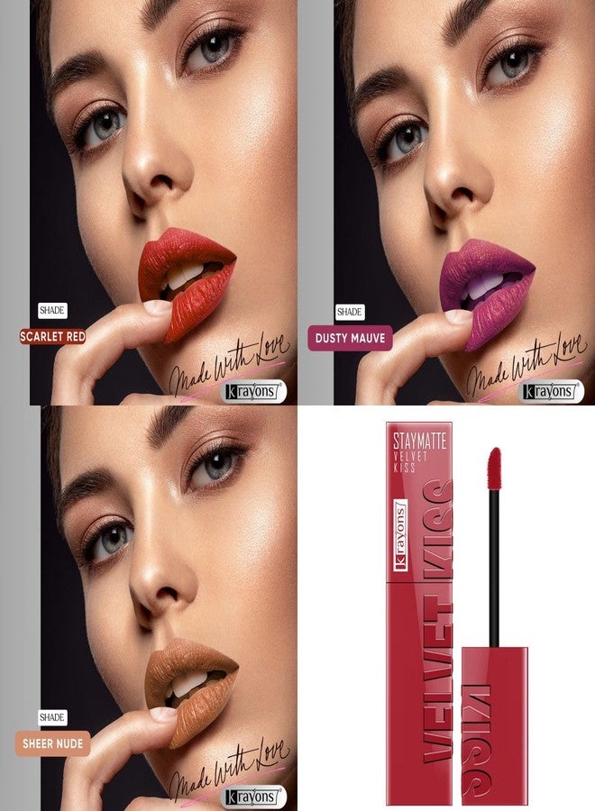 كرايونز أحمر شفاه سائل مطفي من كرايونز فيلفيت كيس للنساء | ثبات يدوم 12 ساعة | لون غني وكثيف | مقاوم للتلطخ والانتقال | عبوة من 3 ألوان | أحمر قرمزي، موف ترابي، نيود شفاف، 3.5 مل لكل لون - Image 4