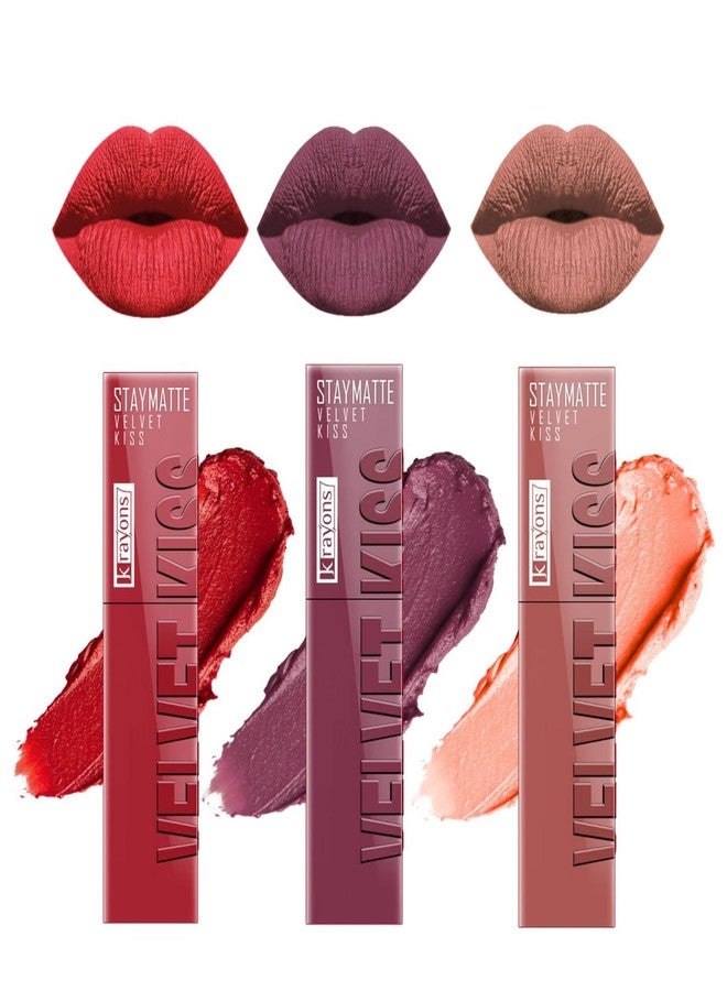 كرايونز أحمر شفاه سائل مطفي من كرايونز فيلفيت كيس للنساء | ثبات يدوم 12 ساعة | لون غني وكثيف | مقاوم للتلطخ والانتقال | عبوة من 3 ألوان | أحمر قرمزي، موف ترابي، نيود شفاف، 3.5 مل لكل لون - Image 3