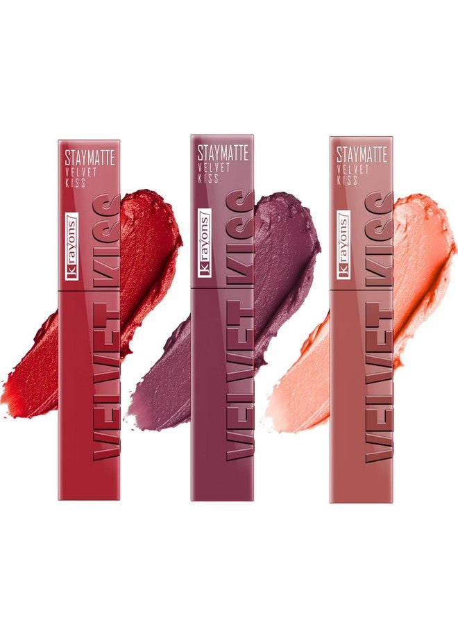 كرايونز أحمر شفاه سائل مطفي من كرايونز فيلفيت كيس للنساء | ثبات يدوم 12 ساعة | لون غني وكثيف | مقاوم للتلطخ والانتقال | عبوة من 3 ألوان | أحمر قرمزي، موف ترابي، نيود شفاف، 3.5 مل لكل لون - Image 2