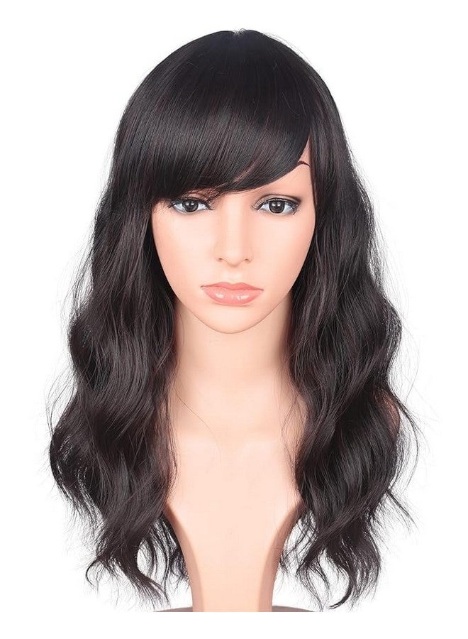 Thrift Bazaar 16 Inches Black Mix Brown Fashion Wavy Synthetic Hair Wigs For Black Women With Side Bangs Free Wig Cap (BLACK MIX BROWN(1B/33#)) - Image 1