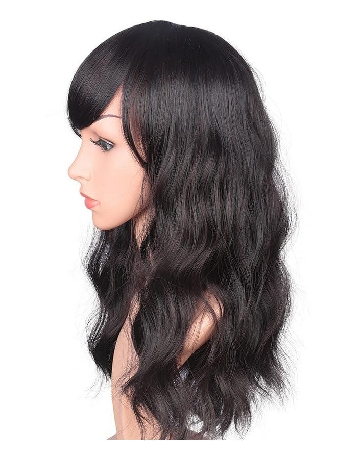 Thrift Bazaar 16 Inches Black Mix Brown Fashion Wavy Synthetic Hair Wigs For Black Women With Side Bangs Free Wig Cap (BLACK MIX BROWN(1B/33#)) - Image 3