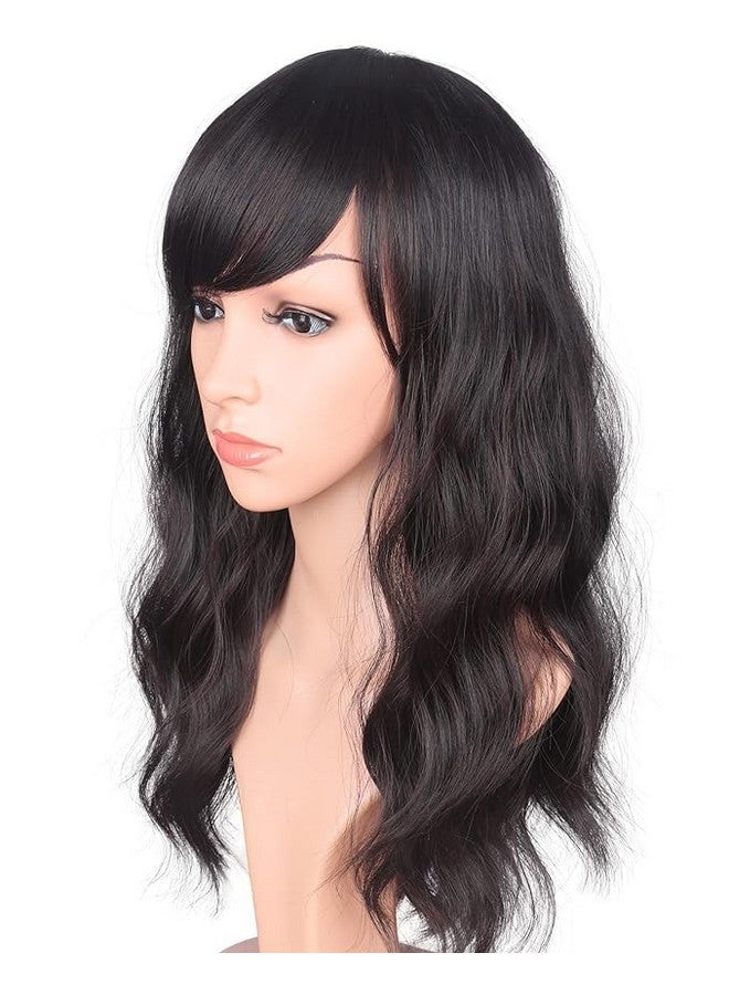 Thrift Bazaar 16 Inches Black Mix Brown Fashion Wavy Synthetic Hair Wigs For Black Women With Side Bangs Free Wig Cap (BLACK MIX BROWN(1B/33#)) - Image 2