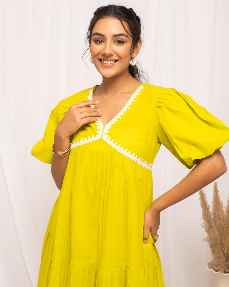 FIORRA Women's Lemon Yellow Colour Solid Cotton Skater Dress DR0004 - Image 5
