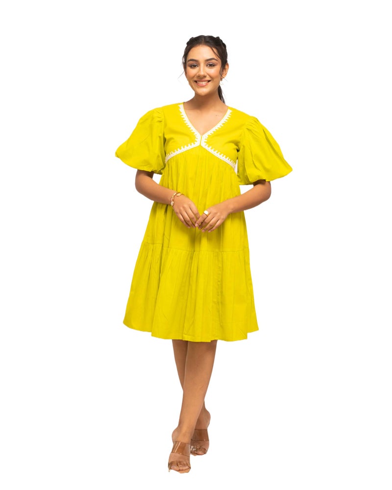 FIORRA Women's Lemon Yellow Colour Solid Cotton Skater Dress DR0004 - Image 1