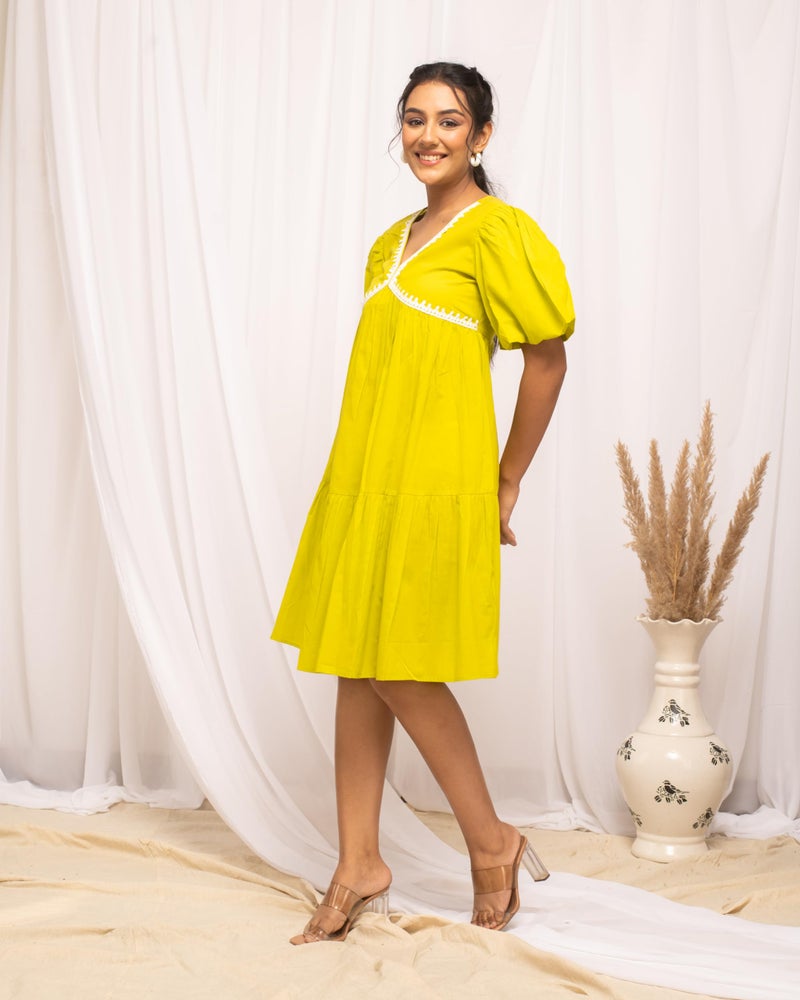 FIORRA Women's Lemon Yellow Colour Solid Cotton Skater Dress DR0004 - Image 4