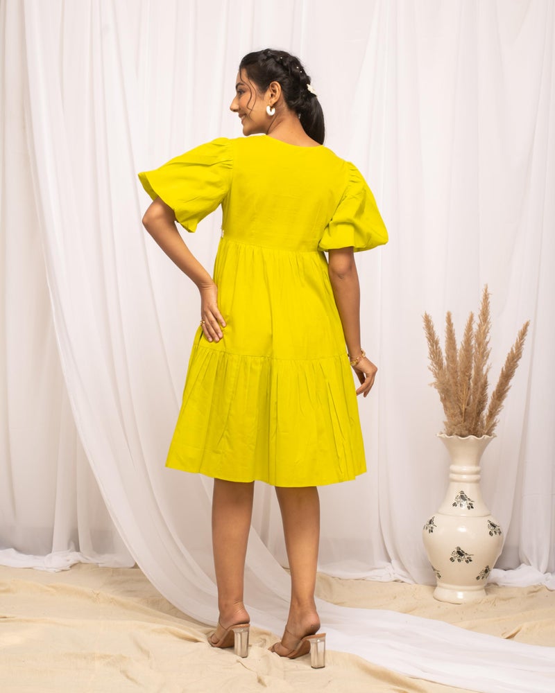 FIORRA Women's Lemon Yellow Colour Solid Cotton Skater Dress DR0004 - Image 2