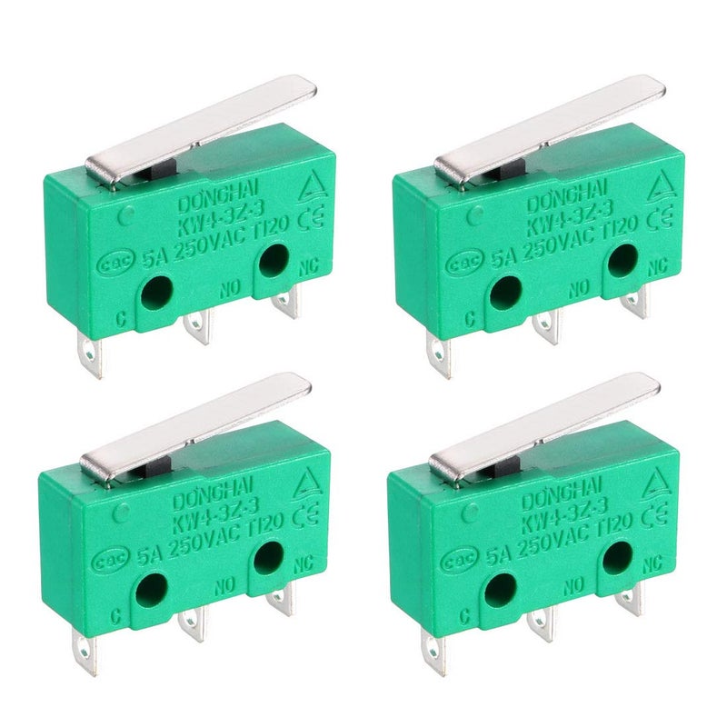 uxcell 4PCS KW4-3Z-3 Micro Limit Switch SPDT NO NC 3 Terminals Momentary Short Straight Lever Type Green - Image 1