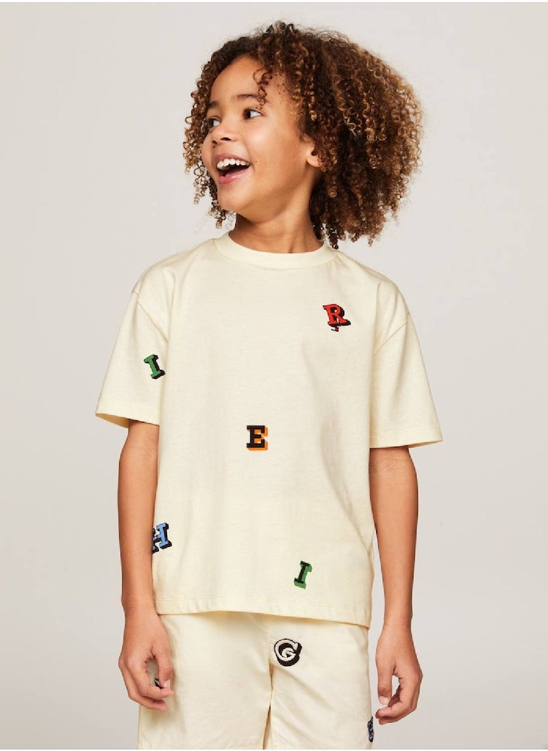 TOMMY HILFIGER - Boys' Hilfiger Monotype Letter Print T-Shirt -  Pure cotton, Beige - Image 1
