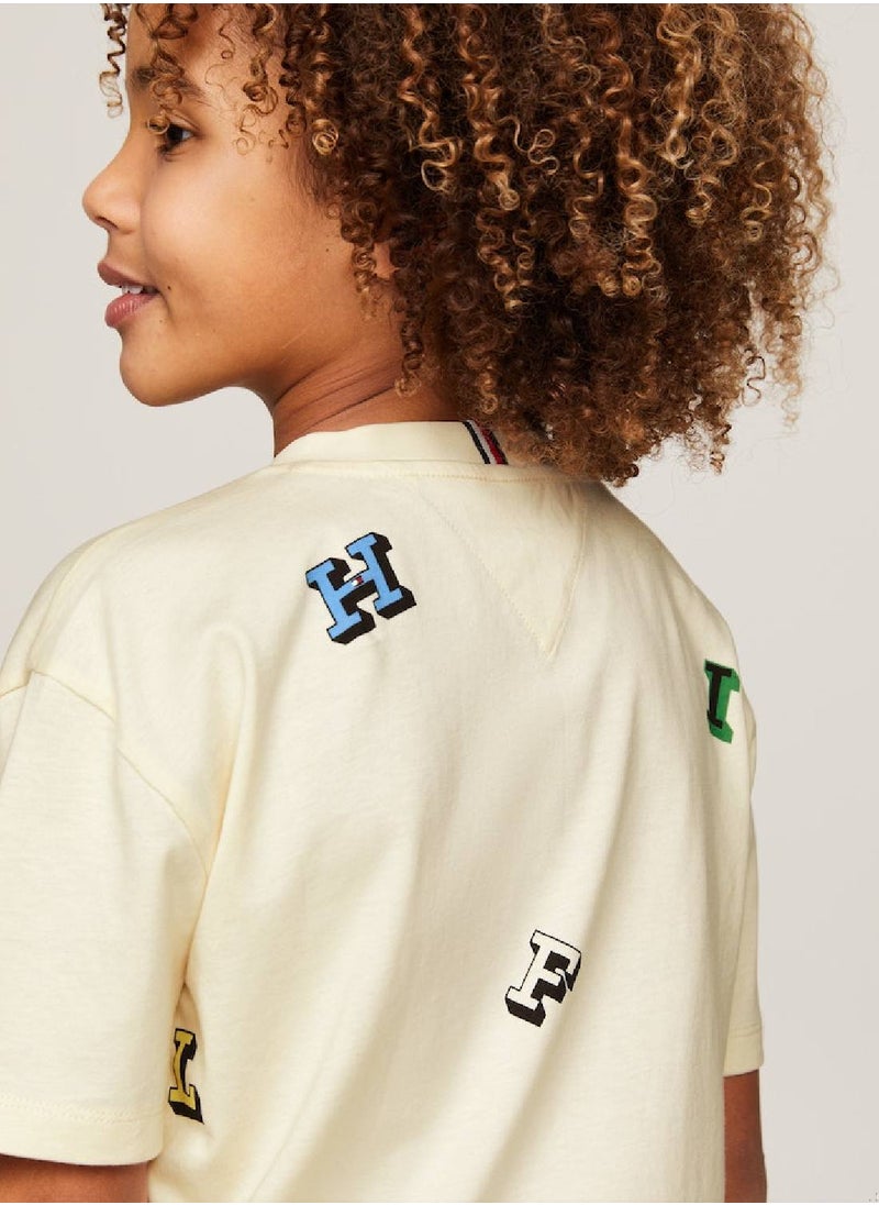 TOMMY HILFIGER - Boys' Hilfiger Monotype Letter Print T-Shirt -  Pure cotton, Beige - Image 1