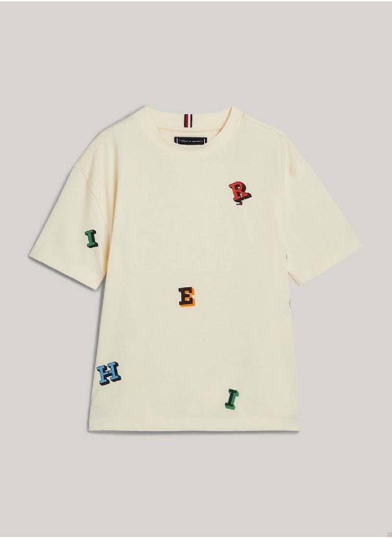 TOMMY HILFIGER - Boys' Hilfiger Monotype Letter Print T-Shirt -  Pure cotton, Beige - Image 1
