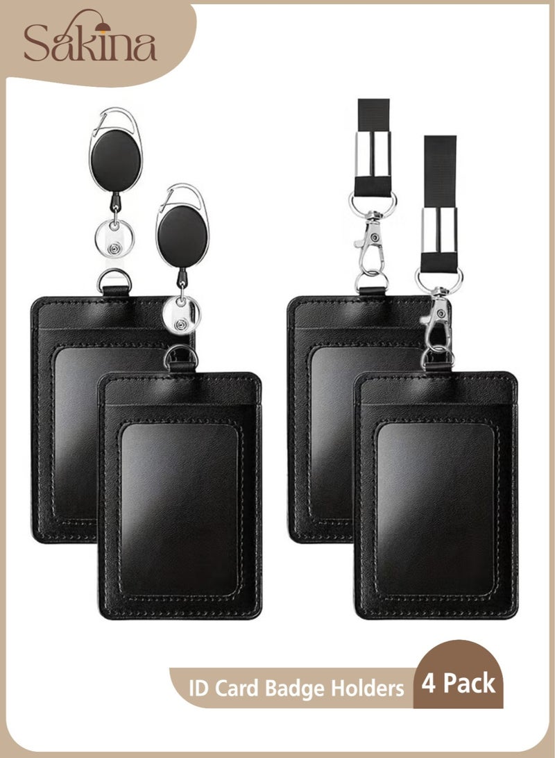 Sakina 4 Pack ID Card Badge Holders, Vertical PU Leather ID Badge Card Holder with Detachable Neck Lanyard Strap and Retractable Badge Reel ID Card Holders Set for Work School and Metro Card - Image 1