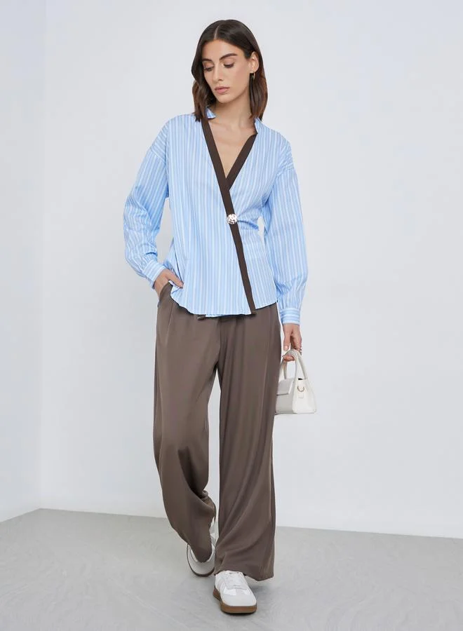 Take Two Take Two Contrast Trim Striped Wrap Top