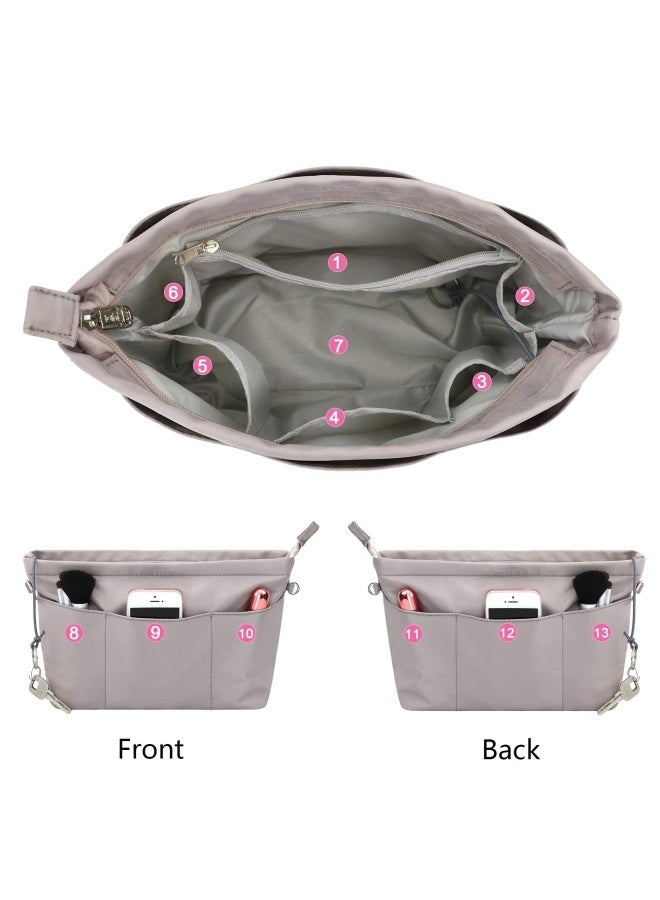 Purse Organizer Insert With Zipped Top For Tote Bag Handbag Shaper With 13 Pockets Grey Xs  - Image 2