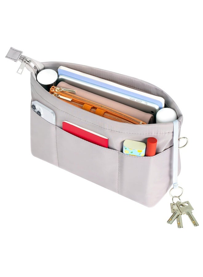 Purse Organizer Insert With Zipped Top For Tote Bag Handbag Shaper With 13 Pockets Grey Xs  - Image 4
