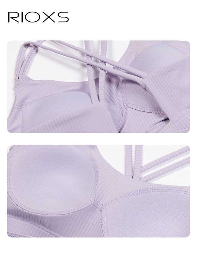 RIOXS Womens Cross Back Sports Bras, Breathable Push Up Strappy Scoop Neck Workout Crop Tank Top with Built in Pads, Stretch Medium Support Workout Yoga Bras for Running Hiking Riding, Purple - Image 5