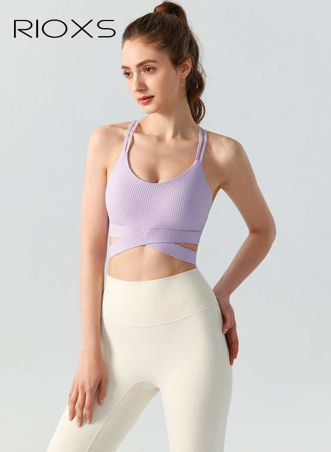 RIOXS Womens Cross Back Sports Bras, Breathable Push Up Strappy Scoop Neck Workout Crop Tank Top with Built in Pads, Stretch Medium Support Workout Yoga Bras for Running Hiking Riding, Purple - Image 3