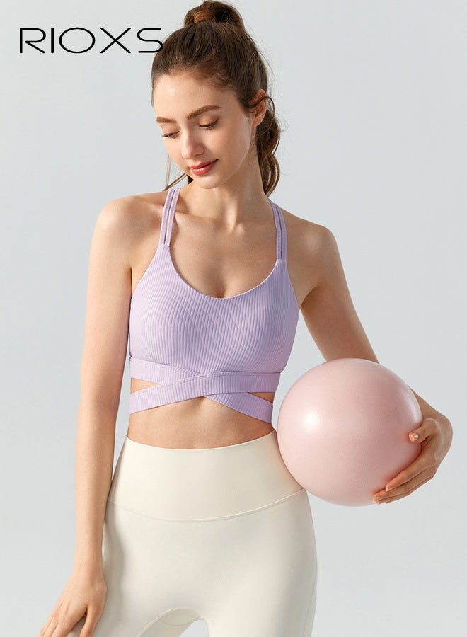 RIOXS Womens Cross Back Sports Bras, Breathable Push Up Strappy Scoop Neck Workout Crop Tank Top with Built in Pads, Stretch Medium Support Workout Yoga Bras for Running Hiking Riding, Purple - Image 1