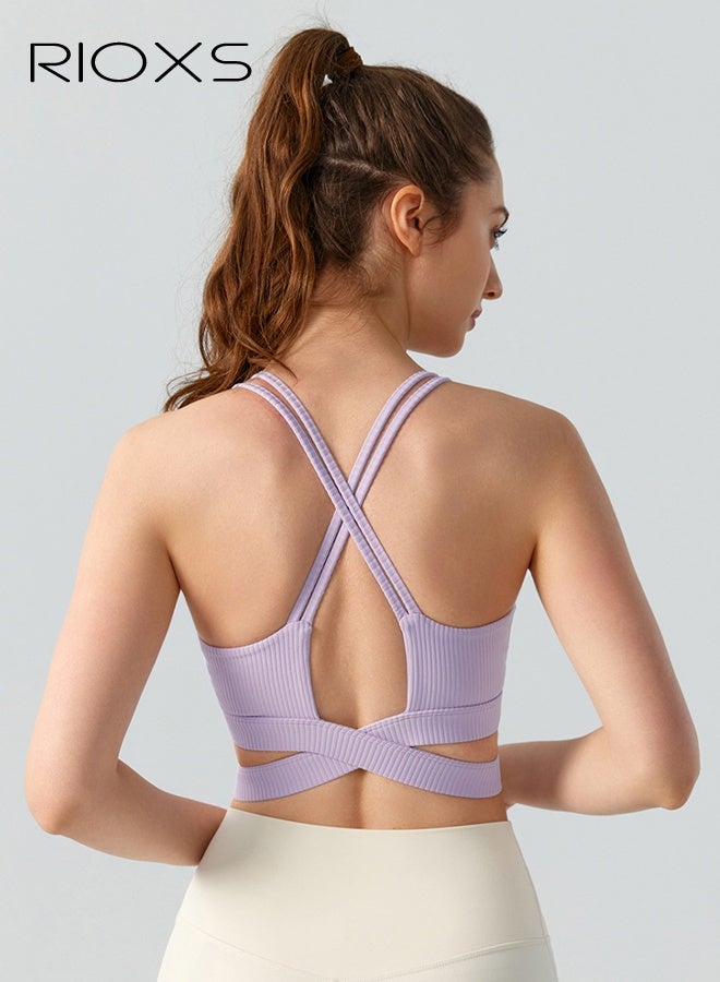 RIOXS Womens Cross Back Sports Bras, Breathable Push Up Strappy Scoop Neck Workout Crop Tank Top with Built in Pads, Stretch Medium Support Workout Yoga Bras for Running Hiking Riding, Purple - Image 2