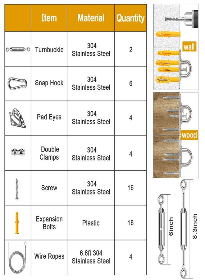 Duerer Sun Shade Sail Hardware Kit 52pcs for Rectangle Triangle Sun Shade Sails Canopy Installation 304 Stainless Steel Accessories Set for Outdoor Garden Patio(6" M6 Turnbuckles+ 4*6.6ft Cables Wire) - Image 3