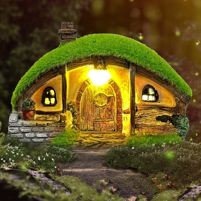 Darkdec Garden Statue and Fairy House with Solar Lights – Resin Outdoor Figurine Lights, Cottage Yard Decor for Porch & Lawn - Image 1