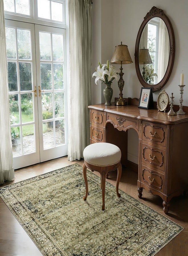 BILEEHOME Olive and Tan Rug for Bedroom Neutral Boho Farmhouse Floral Washable Soft Faux Wool No Slip Area Rugs for Living Room Home Office,5x8 - Image 2