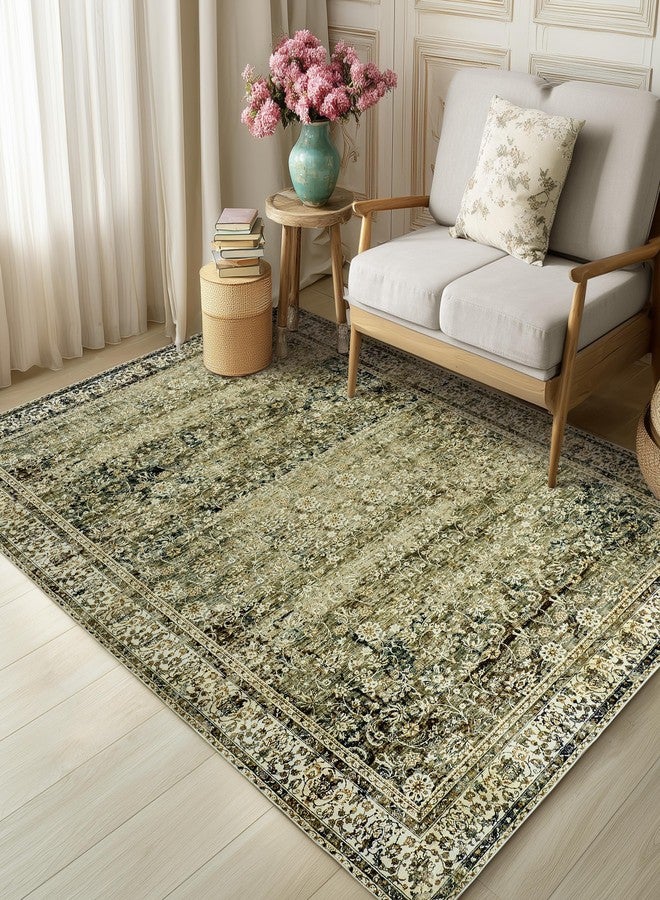 BILEEHOME Olive and Tan Rug for Bedroom Neutral Boho Farmhouse Floral Washable Soft Faux Wool No Slip Area Rugs for Living Room Home Office,5x8 - Image 5