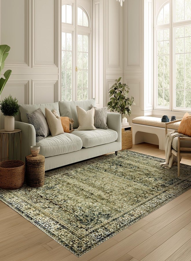 BILEEHOME Olive and Tan Rug for Bedroom Neutral Boho Farmhouse Floral Washable Soft Faux Wool No Slip Area Rugs for Living Room Home Office,5x8 - Image 1