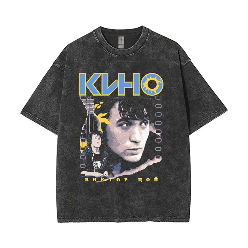 Washed Vintage Viktor Tsoi Kino Graphic Print T-Shirts Class - Image 1