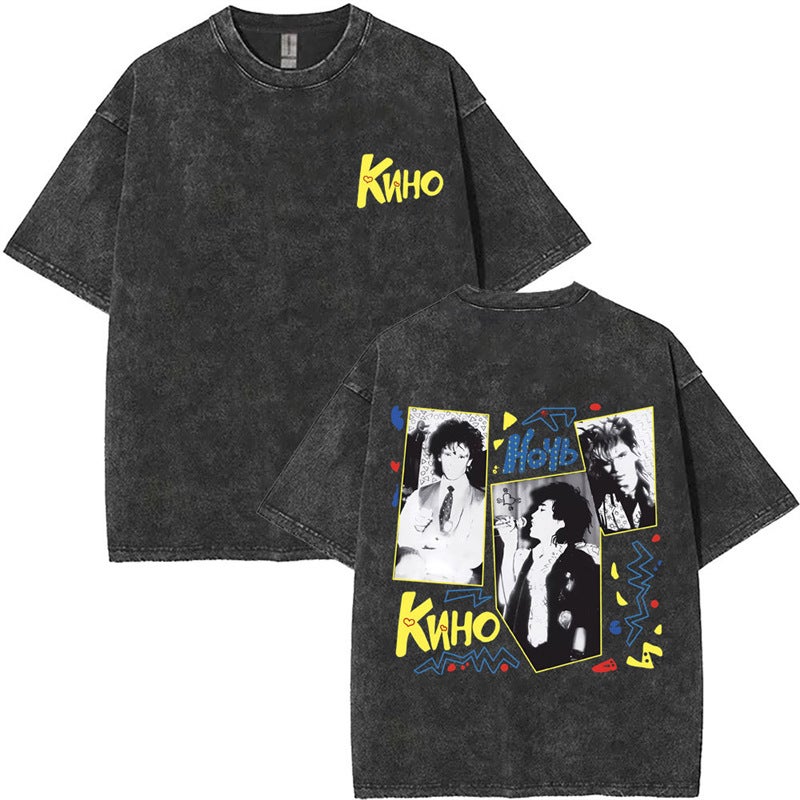 Washed Vintage Viktor Tsoi Kino Graphic Print T-Shirts Class - Image 5