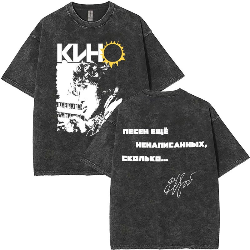 Washed Vintage Viktor Tsoi Kino Graphic Print T-Shirts Class - Image 3