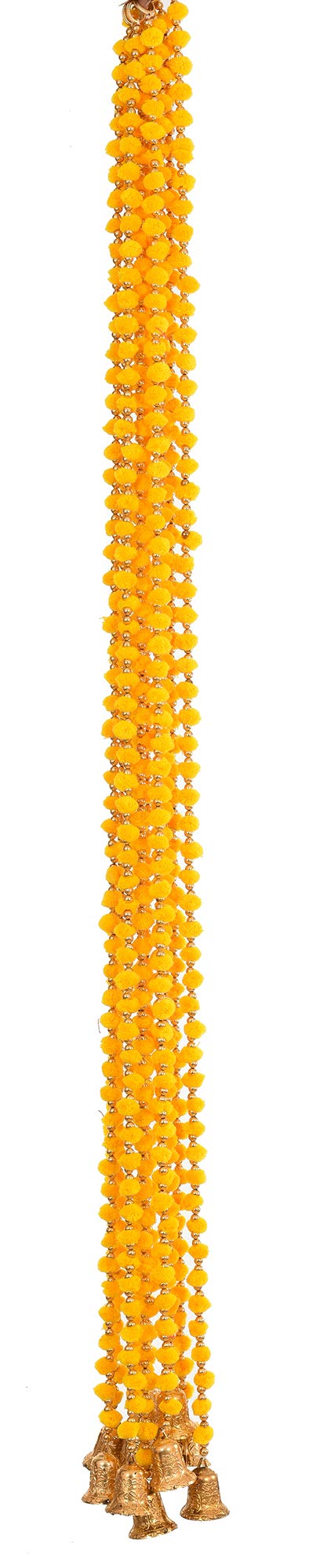 Evisha Yellow Colour 4 Pcs Pom Pom with Pearl and Bells Wall Hanging Bandharwar Toran 5 Ft - Image 5