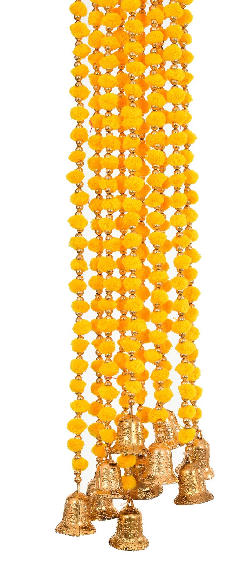 Evisha Yellow Colour 4 Pcs Pom Pom with Pearl and Bells Wall Hanging Bandharwar Toran 5 Ft - Image 2