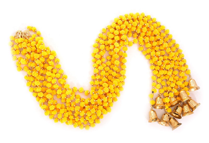 Evisha Yellow Colour 4 Pcs Pom Pom with Pearl and Bells Wall Hanging Bandharwar Toran 5 Ft - Image 3