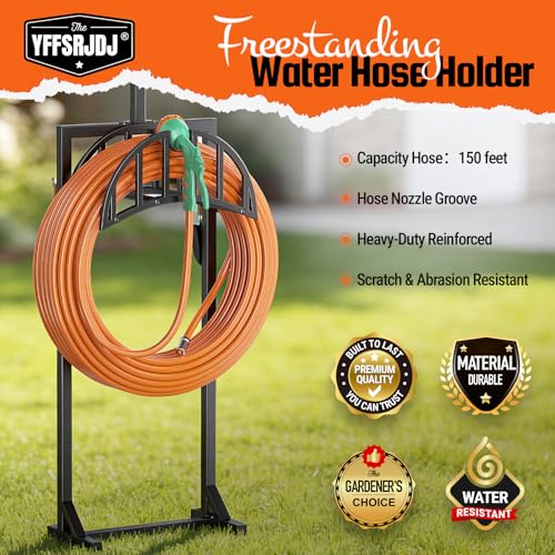 YFFSRJDJ Garden Hose Holder, Water Hose Stand for Outside with 4 Stake and 2 Shepherds Hooks, Freestanding Hose Storage Holds 150Ft, Heavy-Duty Metal Hose Hanger Rack for Yard, Lawn, Farm - Image 2