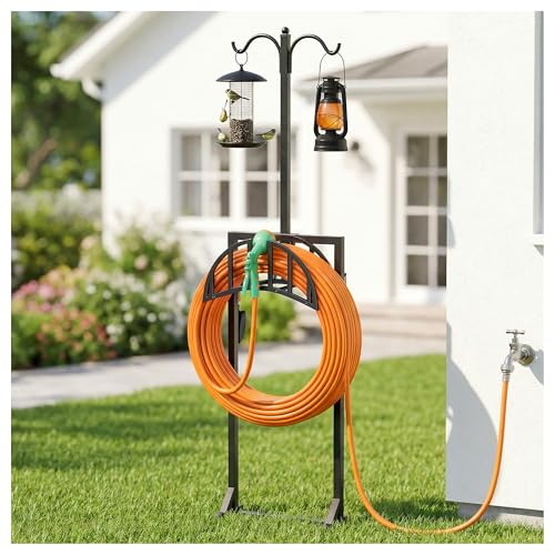 YFFSRJDJ Garden Hose Holder, Water Hose Stand for Outside with 4 Stake and 2 Shepherds Hooks, Freestanding Hose Storage Holds 150Ft, Heavy-Duty Metal Hose Hanger Rack for Yard, Lawn, Farm - Image 1